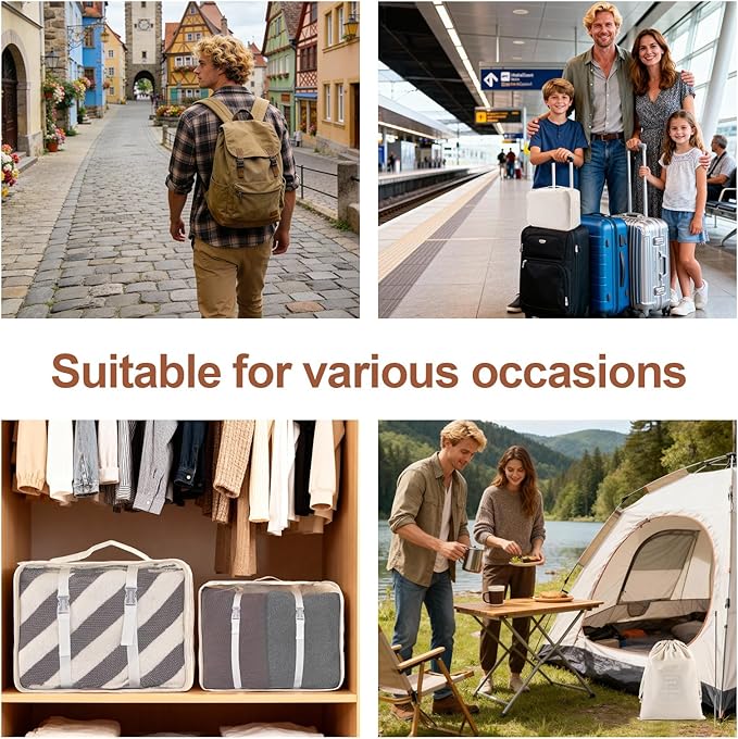8 Set Compression Packing Cubes for Travel Essentials,Suitcase Organizer Bags, Carry-On Luggage Accessories with Laundry & Toiletry Bag, Road Trip & Camp Gifts for Men and women(beige)