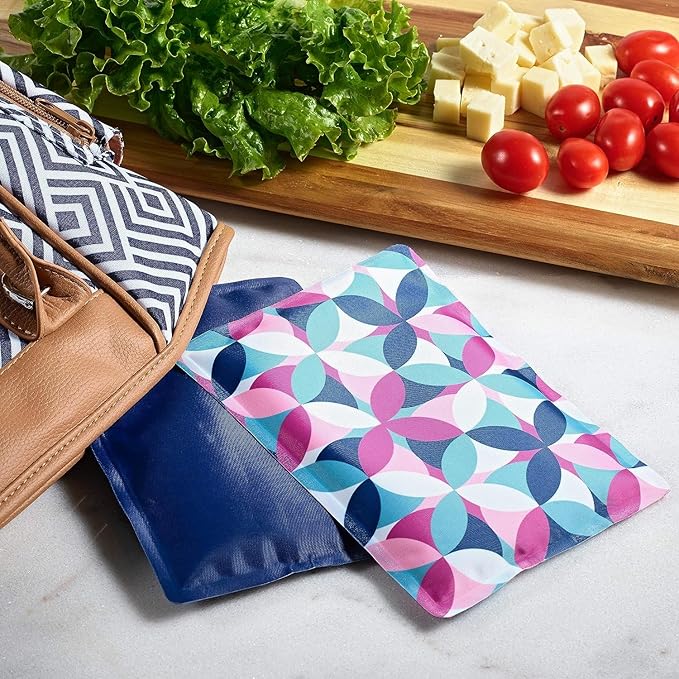 Cool Coolers by Fit & Fresh 2 Pack Soft Ice, Flexible Stretch Nylon Reusable Ice Packs for Lunch Boxes & Coolers, Geo & Navy
