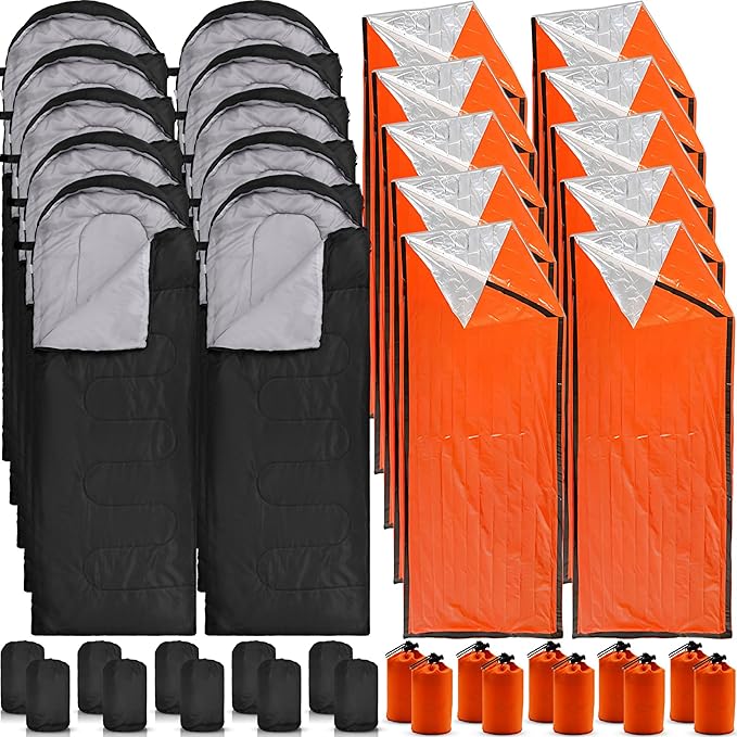 Macarrie 12 Pack Sleeping Bags Set with Compression Sacks, 6 Adult Camping Sleeping Bags and 6 Emergency Survival Sacks for Hiking Outdoor Homeless Shelters Donation Supplies