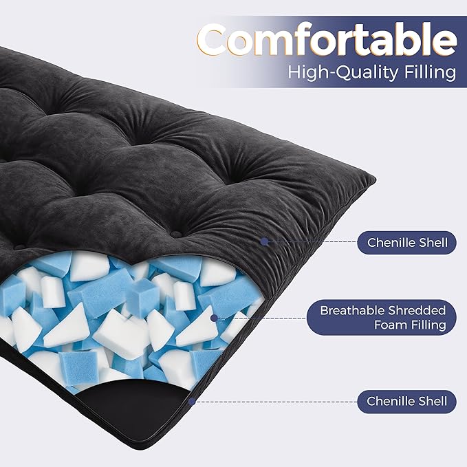 MAXYOYO Floor Mattress Queen Size, 6" Chenille Japanese Futon Mattress Foldable Floor Bed for Adults Tufted Roll Up Floor Couch Bed, Tatami Mat Sleeping Pad for Living Room, Bedroom, Black