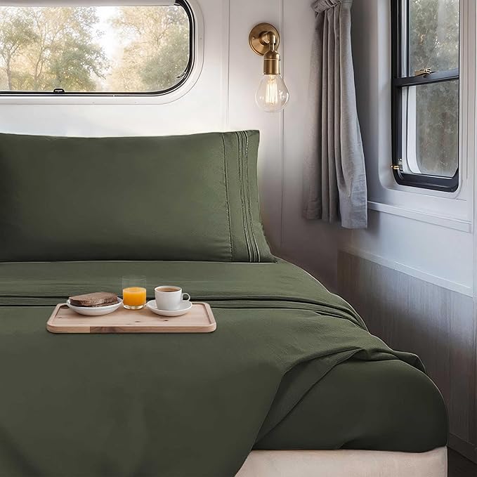 Hearth & Harbor Short Queen Sheets for RV, Olive Green RV Queen Sheets, Silky Soft 1800 Microfiber Bed Sheet for Camper, 4 Piece RV Bedding with Pillowcases