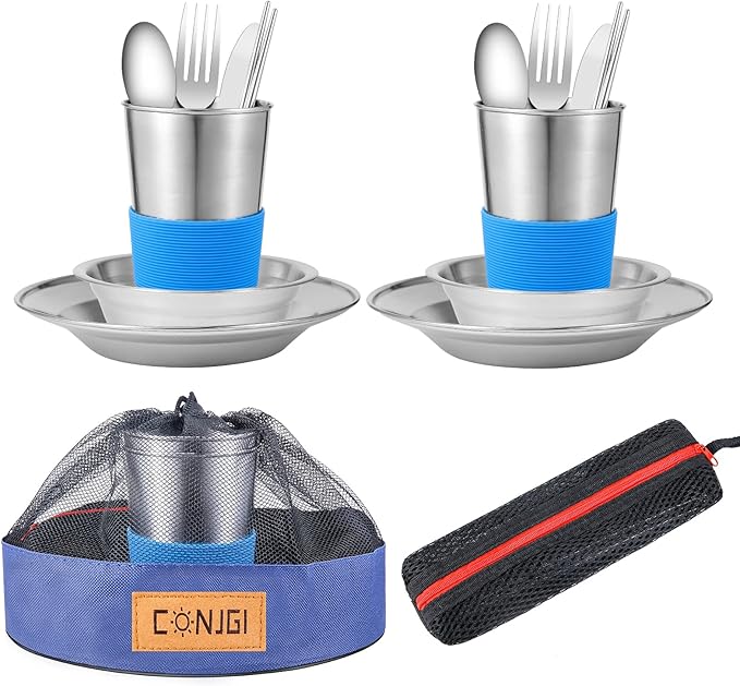 Outdoor Camping Mess Kit - 1 to 2 persons Camping Dishes Includes Cups, Bowls, Dishes, Knives, Forks, Spoons, Etc, Camping Dinnerware Set with Mesh Bag is Easy to Carry Camping Tableware Set