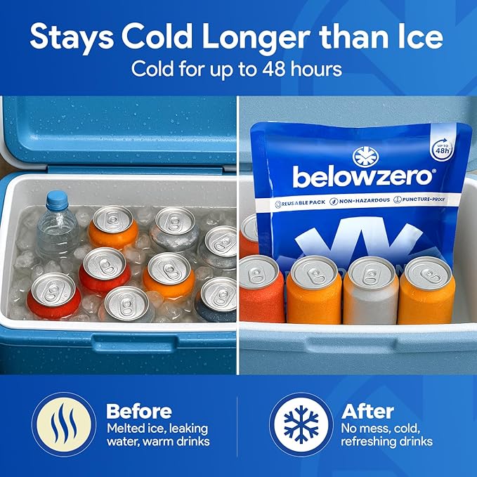 Below Zero Prefilled Reusable Ice Packs for Coolers | Long Lasting Freezer Ice Blocks for Camping, Lunch Bags & More | 48 Hour Cooler Ice Pack Technology