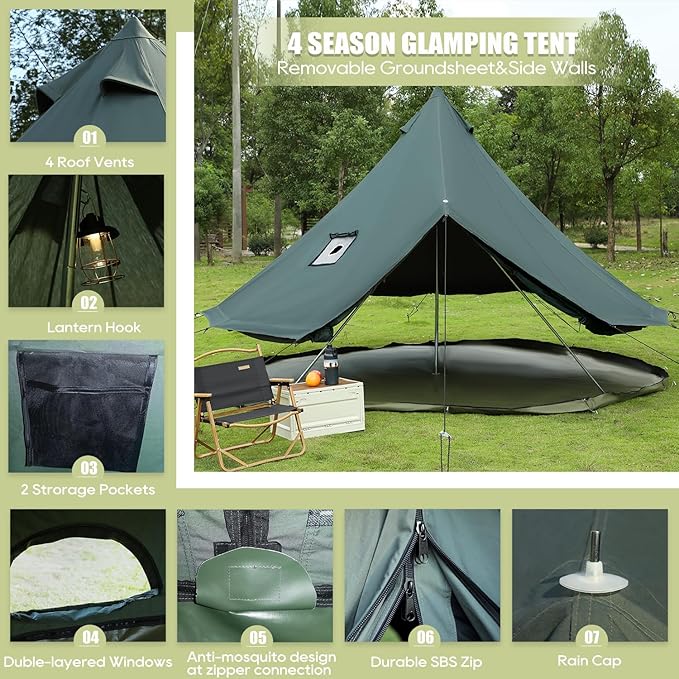 Bell Tent for Camping, Luxury Cotton Outdoor Tent, Yurt Canvas Tent with Stove Jack, for 4/6/8/10 Person Family 4 Season (19.7' (6M), Army Green)