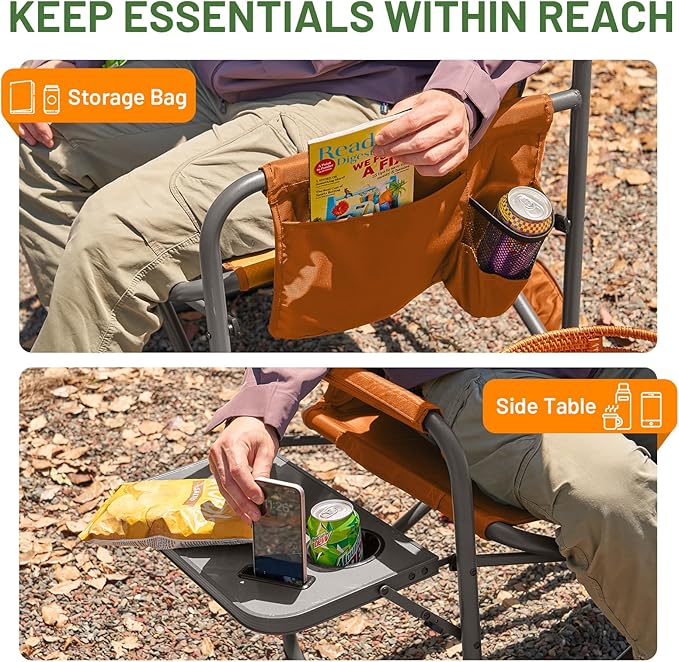 Timber Ridge XXL Director’s Chair – Heavy Duty Folding Chair with Side Table, 500 lb Capacity, Extra Wide Padded Seat for Camping, Sports, Beach, Patio, and Outdoor Use, Orange