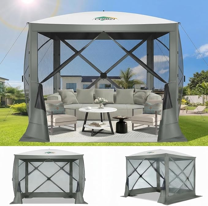 COBIZI 6x6FT Pop Up Gazebo Screen Tent Screen House for Camping, Screen Room with Mosquito Netting, Hub Tent Instant Screened Canopy with Carrying Bag and Ground Stakes, Gray