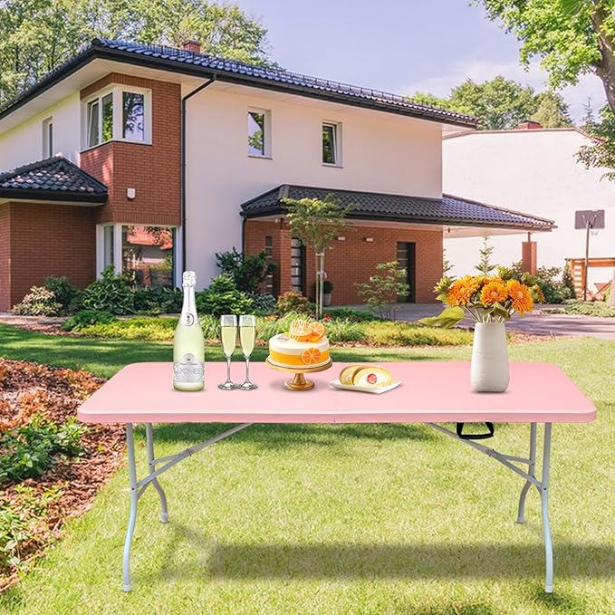 Portable Plastic Folding Table 4ft/6ft/8ft Heavy Duty White Black Picnic Dining Table Fold-in-Half for Camp Party Kitchen Indoor Outdoor (Pink, 6FT)