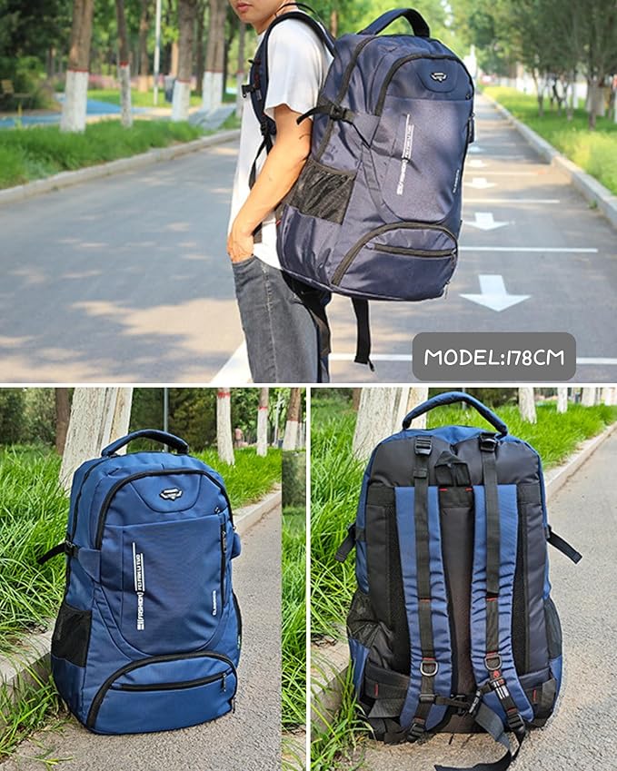 80L Large Travel Backpack for Men & Women, Lightweight Water-Resistant Hiking Backpack with Shoe Compartment, Foldable Daypack Rucksack for Travel Camping College Blue