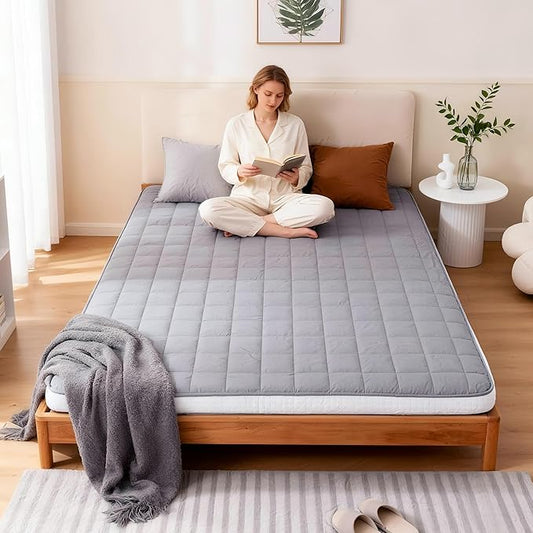 Welnow Japanese Futon Floor Mattress, Full Size Thick Tatami Mat Portable & Foldable Roll Up Floor Bed Mattress with Storage Bag, Sleeping Pad for Adults, Dorm, Guest Bed, Camping and Travel, Grey