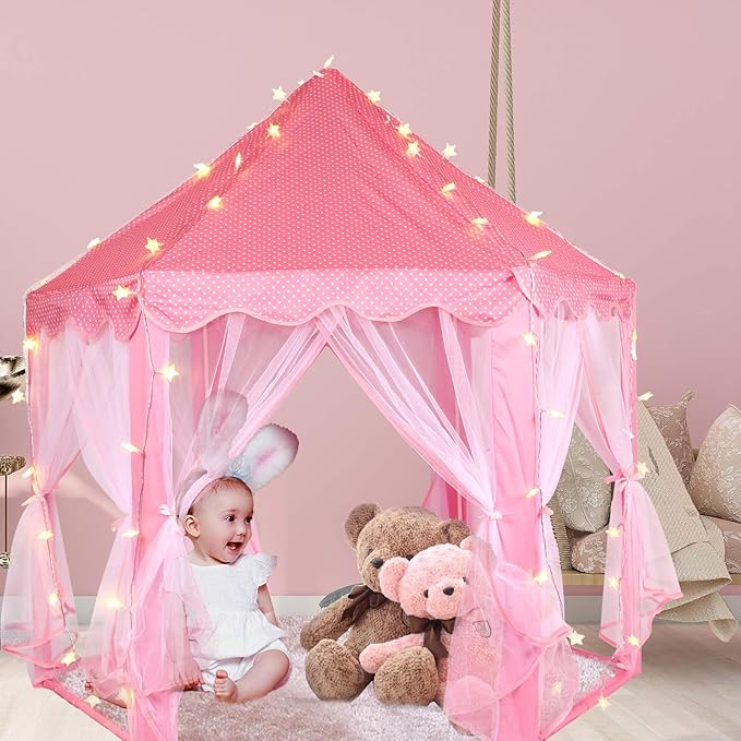 Princess Tent with LED Star Lights,Kids Castle Play Tent for Girls,Large Playhouse Girl Toy Gifts Age 3+,Indoor and Outdoor Games 55.5"x 53"(DxH)