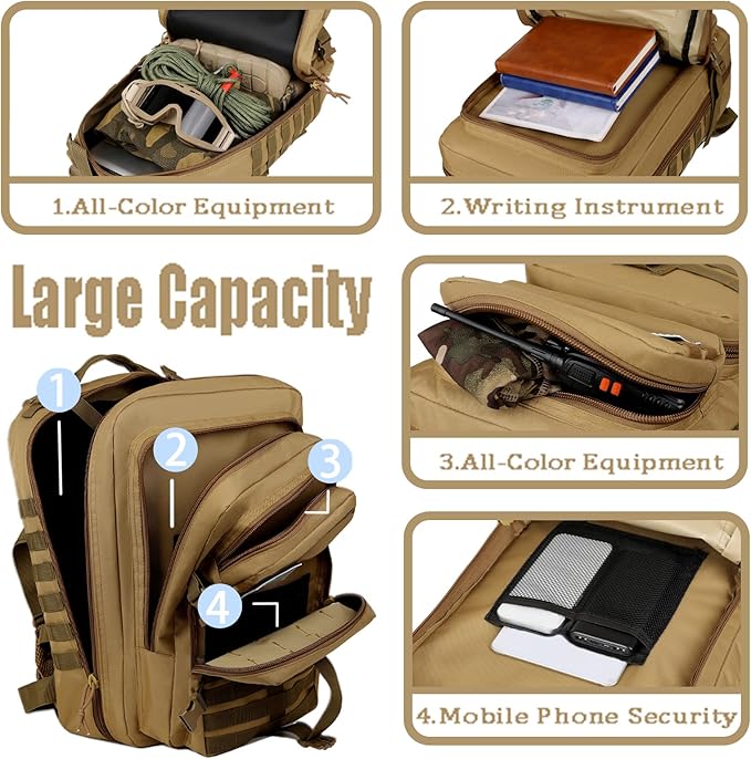 45L Military Tactical Backpack for Men, Large 3-Day Assault Pack MOLLE Rucksack, Waterproof Survival Bug Out Bag for Hiking, Camping, Hunting, Gym & Work, Includes US Flag Patch - Stealth Black