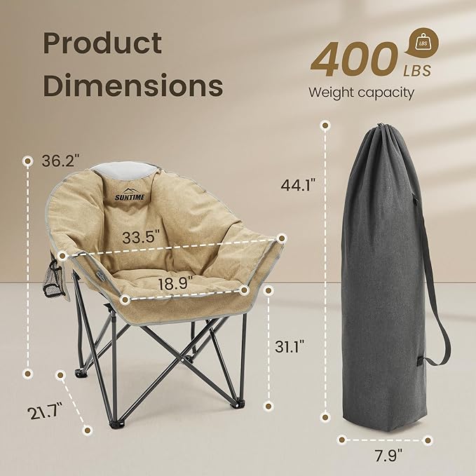 Oversized Padded Comfy Camping Chair for Adults, Portable Padded Lawn Chair, Weight Capacity 450 LBS, Heavy Duty Moon Leisure Folding Chair for Camping, Hiking, Carry Bag, Beige (2 Pack)