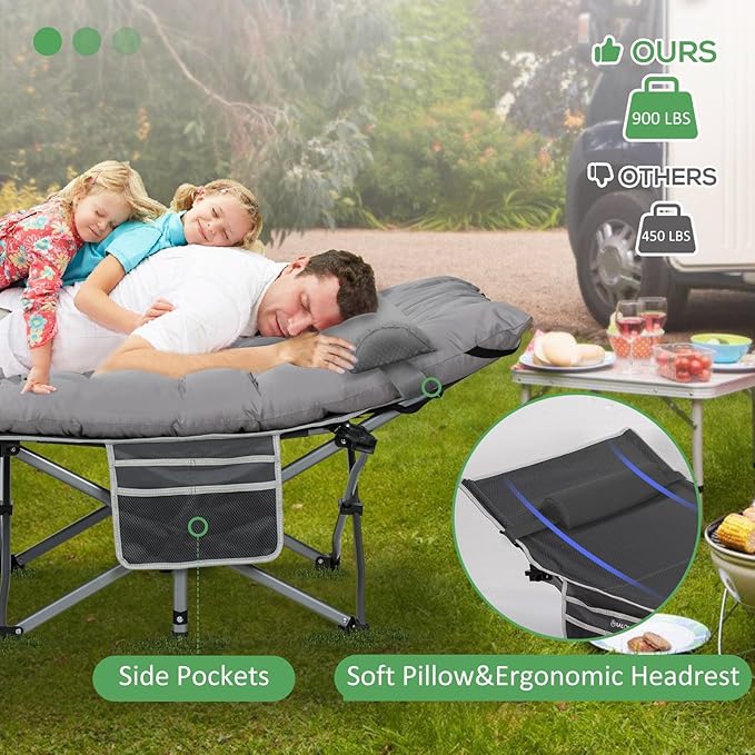 2 Pack Wide Folding Camping Cots with Pillow & Extra Thick 3 Inch Matress, Cots for Sleeping 900 LBS, Camping Bed for Adults with Cushion, Sleeping Cot (Grey)