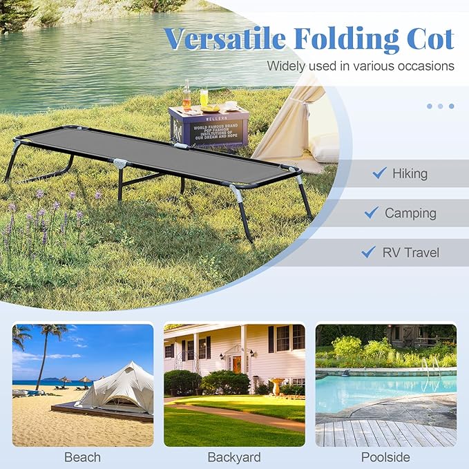 Goplus Folding Camping Cot, Heavy Duty Collapsible Foldable Camping Bed for Adults Kids with Non-Slip Foot Pad, Indoor Outdoor Portable Sleeping Cot for Hiking, Camping, Fishing (Black)