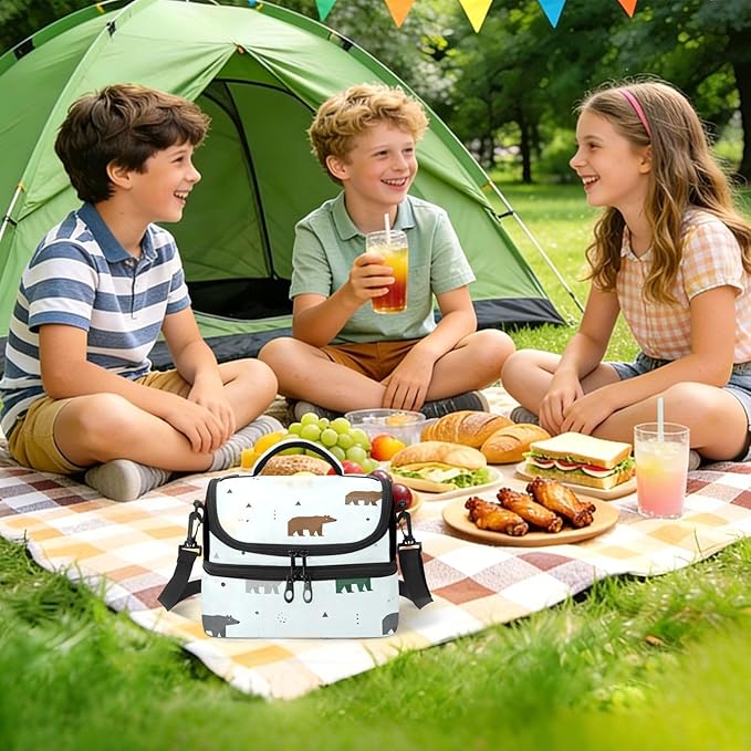 Double-layer Lunch Bag Bears Double Deck Cooler Bags with Strong Support for Beach, Travel, Car