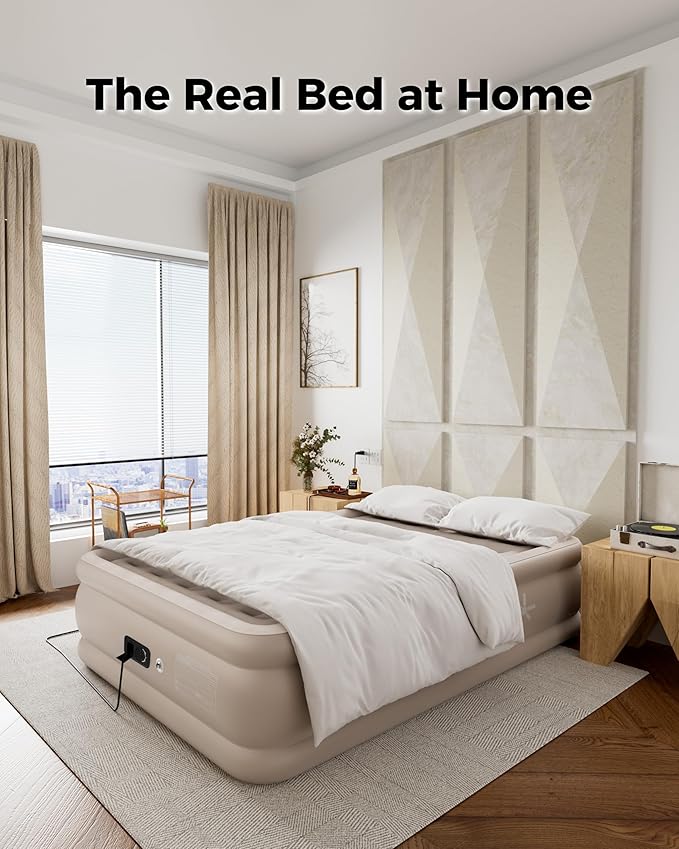Full Air Mattress with Built in Pump, Single Blpw up Air Bed with Portable Storage Bag, Suitable for Home and Guests, Top Flocking, 18" Full Khaki