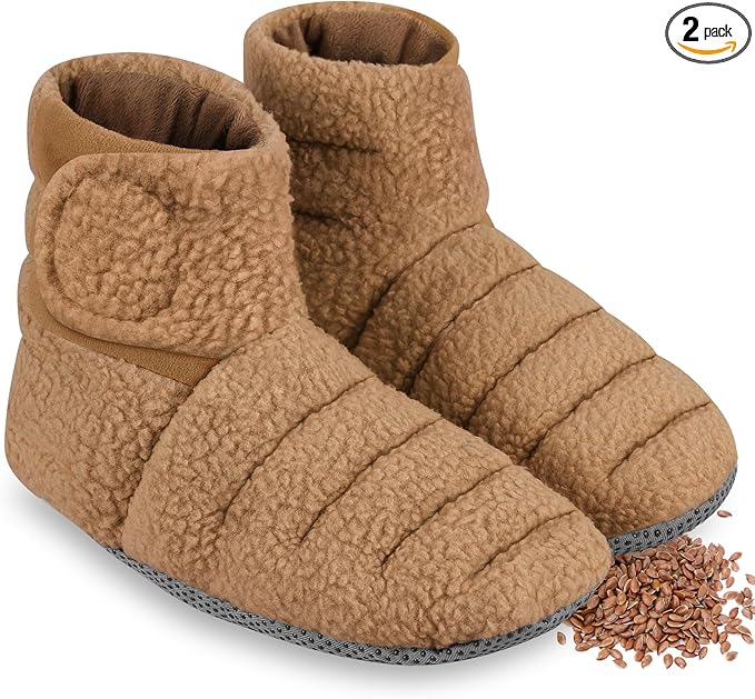 REVIX Microwaveable Booties and Feet Warmers, Microwaveable Foot Warmers with Adjustable Fit & Non-Slip, Microwavable Socks Heated Booties for Women and Men, Mocha L