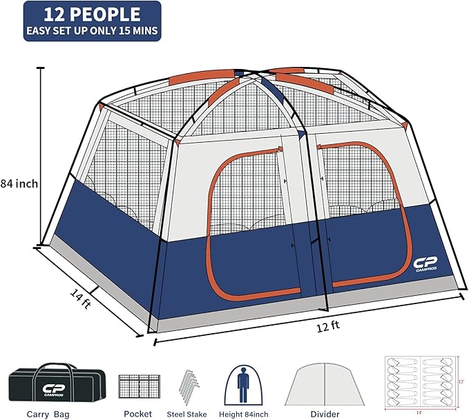 CAMPROS CP 12 Person Cabin Tent, 2 Room Extra Large Straight Wall Camping Tents Waterproof Windproof with Top Rainfly, 6 Large Mesh Windows, Double Layer, Easy Set Up Family Tent