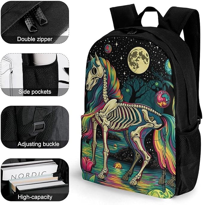 Supdreamc Adults Lightweight Rainbow Mane Horse Skeletal Structure Trippy Art Shoulder Book Bags Big Capacity Shoulder Bag With Adjustable Shoulder Straps for Trekking Work Walking Cycling