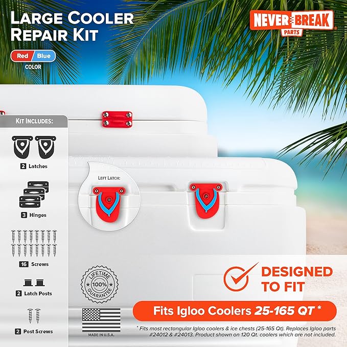 NeverBreak Parts - Igloo Cooler Replacement Parts - Large Repair Kit | High Strength Igloo Cooler Hinges Replacement with Latches | Ice Chest Repair Kit
