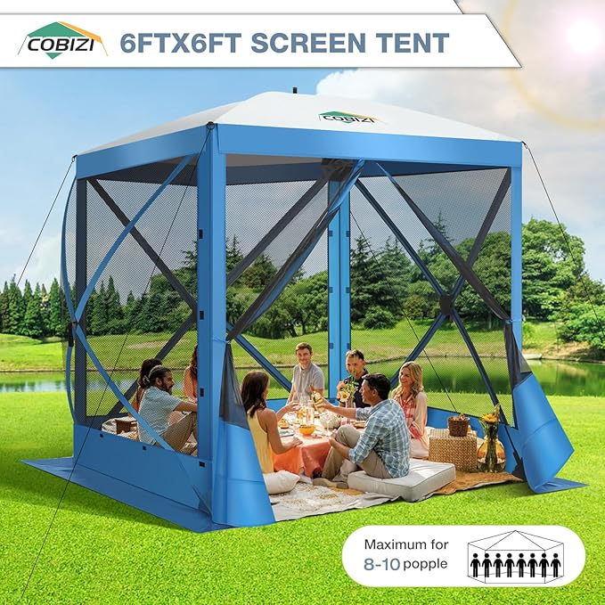 COBIZI Pop Up Gazebo Screen Tent Screen House for Camping, 6FTx6FT Screen Room with Mosquito Netting, Hub Tent Instant Screened Canopy with Carrying Bag and Ground Stakes, Blue