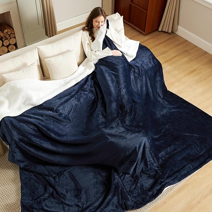 Bedsure GentleSoft Sherpa Fleece Oversized Cal King Blankets for Bed - Thick and Warm, Soft Fuzzy Plush Large Blanket for Winter, Navy, 112x98 Inches