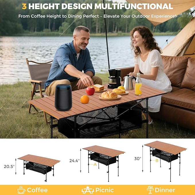 Portable Folding Camping Table, 4-6 Person Aluminum Outdoor Picnic Table with Storage Carry Bag, Adjustable Height Lightweight Camp Table for Beach, Picnic, BBQ and Indoor Use