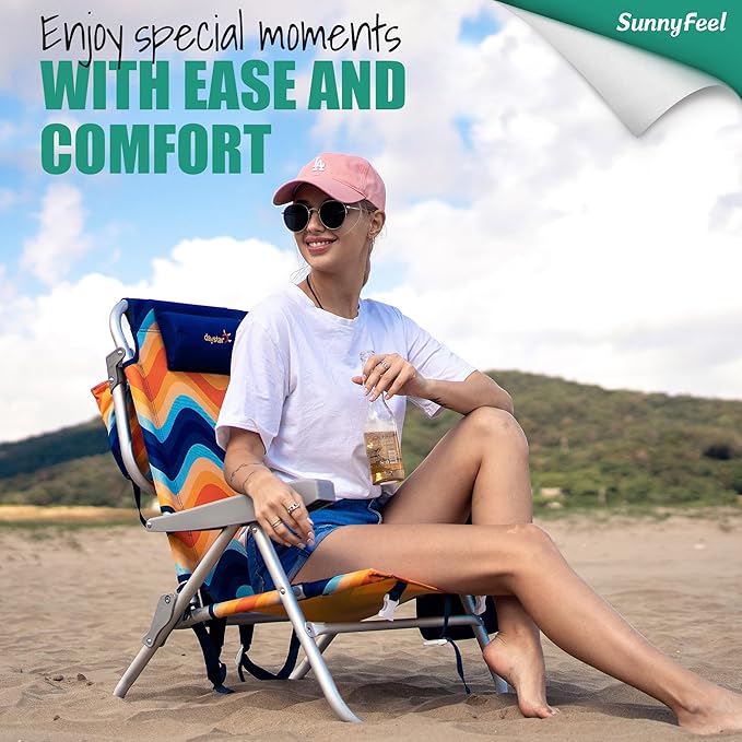 SUNNYFEEL High Back Folding Beach Chair, Tall Beach Chair with 3 Reclining Position, Portable Camping Chair for Adults with Wood Armrest, Lightweight Camping Chair 300 lbs Heavy Duty, Green, 2 Pack