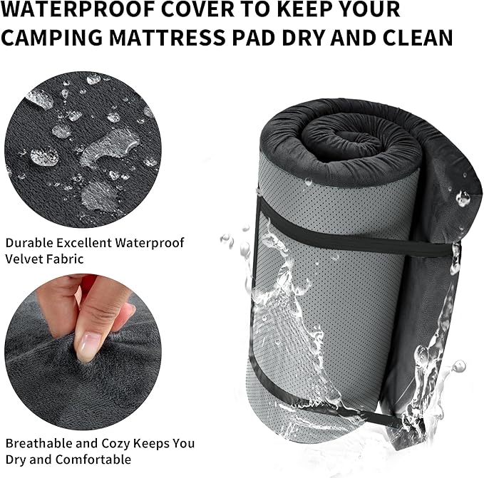 HOMBYS 3 INCH Thick Waterproof Memory Foam Camping Mattress for Outdoor Sleeping, Portable Roll Up Mattress Pad Mat for Travel Truck Bed Tent