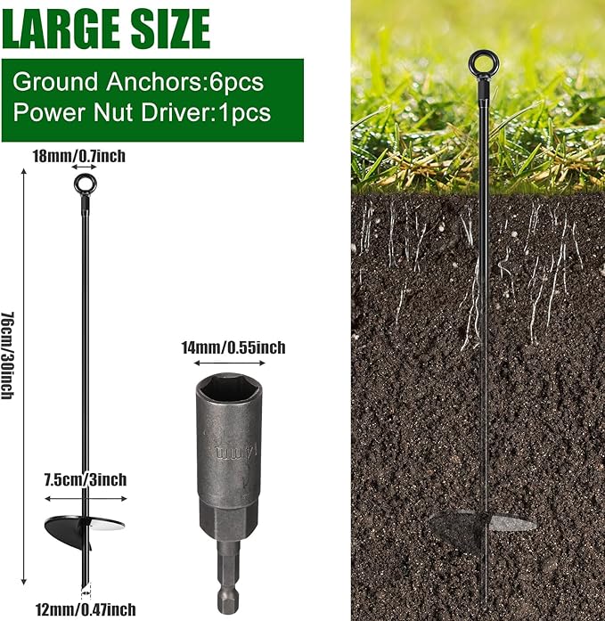 Gisafai 6 Pcs 30 Inch Long Ground Anchors Spiral Blade Earth Shed Anchor Kit Heavy Duty Tent Trampoline Hook 12 mm Thick Metal Swing Set Wind Stake for Mobile Home Canopies (Black)