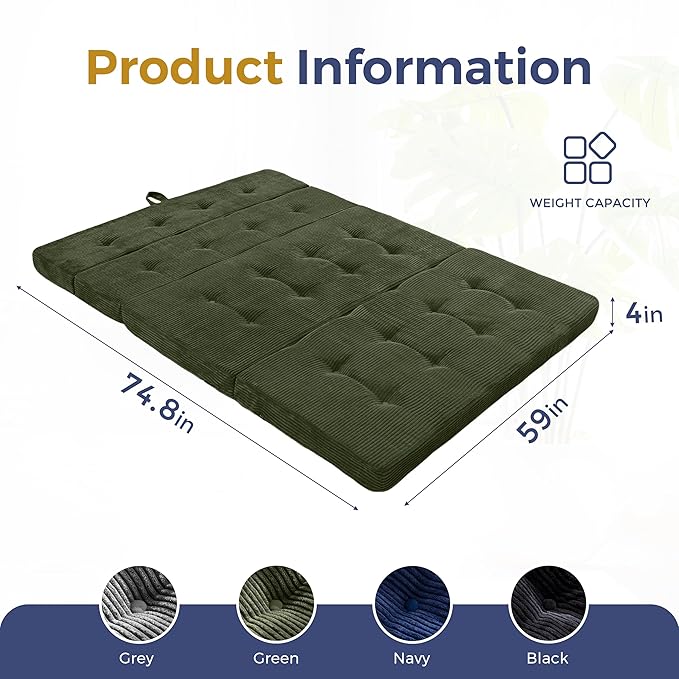 MAXYOYO Folding Mattress, 4 Inch Tufted Foldable Mattress Full Foam Bed, Tri-Fold Floor Couch with Handles Guest Bed Topper Portable Camping Mat with Corded Fabric, Queen Size, Dark Green