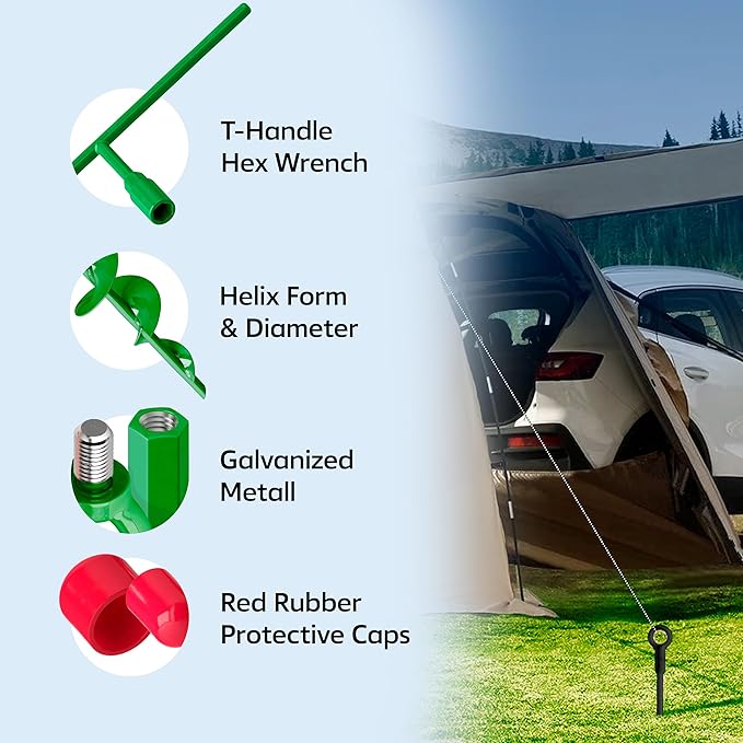 18" Heavy Duty Ground Anchors Kit (Green 4 Pcs) - Shed Tree Tent Dog Canopy Trampoline Anchor Kit - Long Spiral Earth Auger - Tie Down Screw in Swing Set Anchors - to Ground Stakes - Sand Anchor Kit