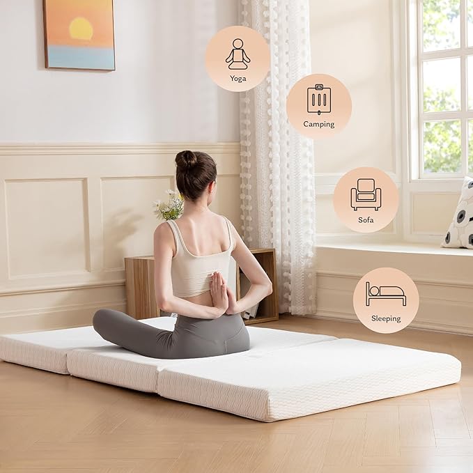 MLILY Foldable Mattress, 4 inch Single Tri Fold Memory Foam Mattress Topper, Floor Bed with Washable Cover for Camping, RV Travel and Guest Sleeping Mat, 75"×25"×4", White