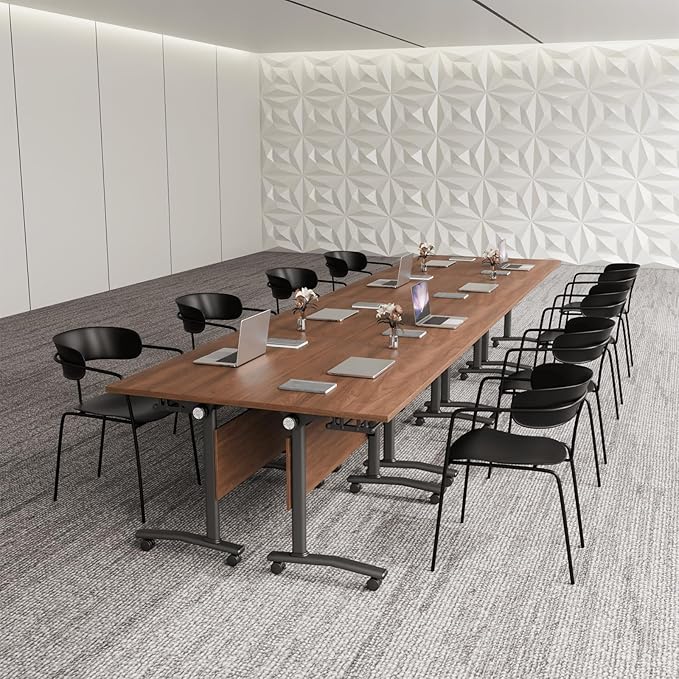 Modular Conference Room Table, Folding Seminar Desk with Wheels, Large Mobile Office Meeting Table for Classroom Training, Flip-Top Stackable Conference Tables,8 Packs Walnut Color