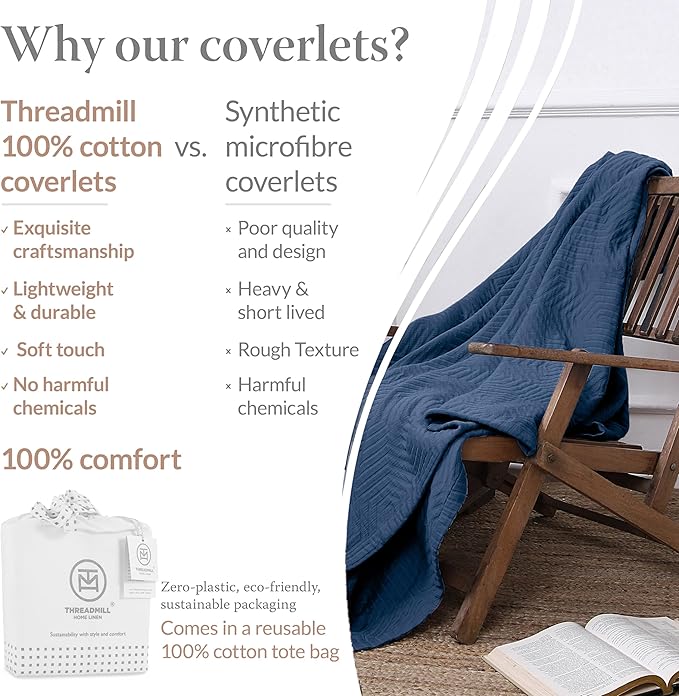 Threadmill Luxury Cotton Blankets for Twin Size Bed | All-Season 100% Cotton Twin Blanket for Bed | Aster Jacquard Lightweight, Soft & Cozy Coverlet, 350GSM, 68 x90 inches | Folkstone Blue