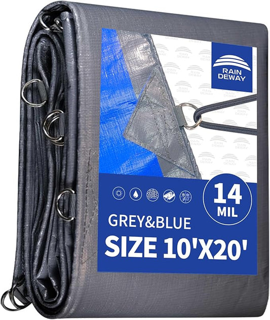 RAINDEWAY Tarps Heavy Duty Waterproof 10x20 Feet -14 Mils Super Heavy Duty Tarp with Metal Rings and Reinforced Corners and Edges, UV Resistant, Multipurpose Poly Tarp,Blue/Gray tarp