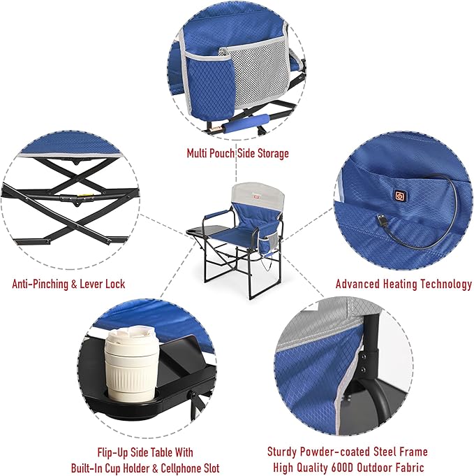SUNNYFEEL Heated Camping Directors Chair, Heavy Duty,Oversized Outdoor Portable Heating Folding Chair with Side Table, Pocket for Beach, Fishing,Trip,Picnic,Lawn,Concert Foldable Camp Chairs