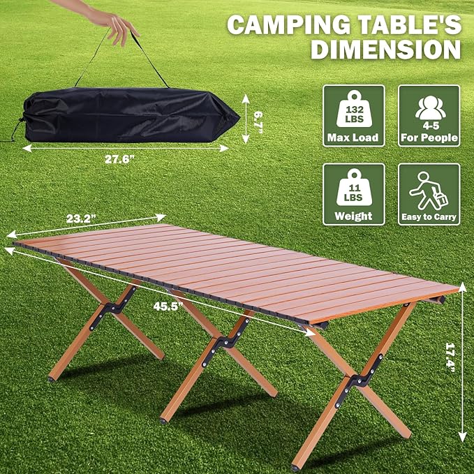 Camping Table Portable Folding - 45.5 x 23.2 Inch Lightweight Outdoor Picnic Table with Carry Bag, 4-6 Person Portable Roll up Low Picnic Table for Backyards, BBQ, Beach and Party