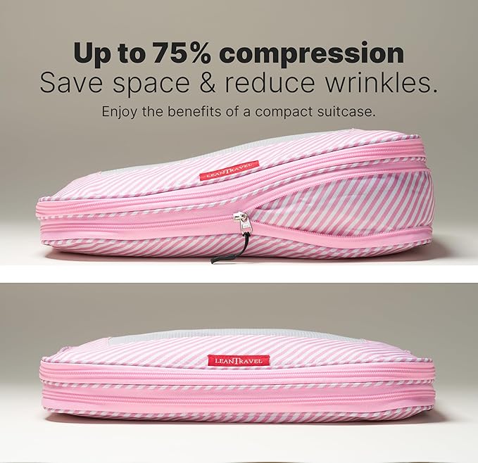 LeanTravel Premium Compression Packing Cubes for Travel - Luggage Organizers with Double Zipper - Sturdy Bags for Suitcase (6-Pack, Pink Stripes)
