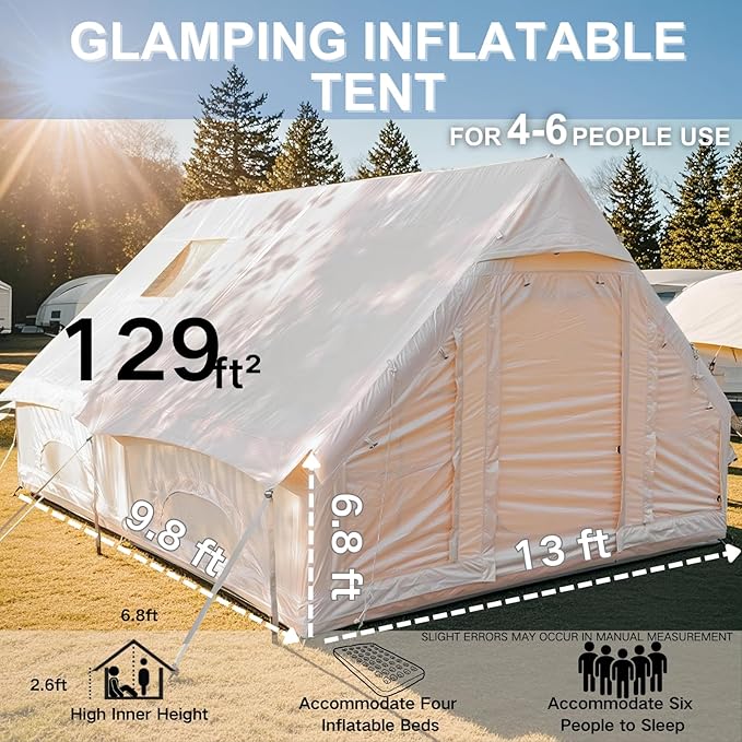 Inflatable Tent, Outdoor Easy Setup Inflatable Tents for Camping, Portable Blow Up Tent with Stove Jack, Cotton Canvas Material for Glamping, for 4 Season, 4/6/8/10 Person Use