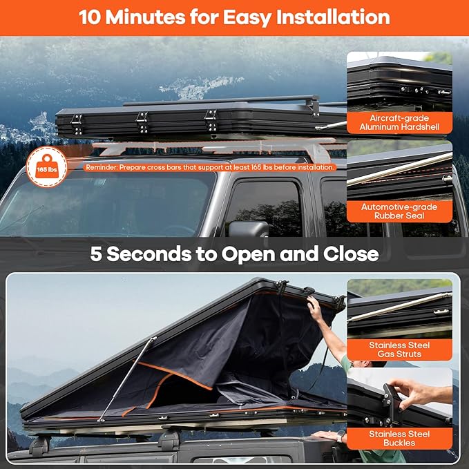 Adventurer Pro Rooftop Tent Hard Shell with USB Outlet, Side Awning, Replaceable Rain Fly&Luggage Racks for 4 Season Camping, Aluminum Pop Up 2-3 Person Roof Top Tent for Truck Jeep SUV Van Trailer