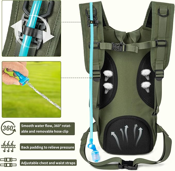 Hydration Backpack, Tactical Molle Water with 2L TPU Water Bladder, for Men Women Lightweight Water Backpack, Hydration Pack for Hiking, Biking, Climbing and Hunting, Military Green