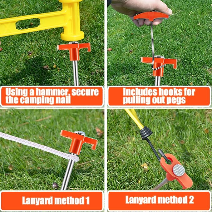 smillixin 23 Pack Tent Stakes Heavy Duty,10 Inch Non-Rust Metal Tent Pegs Camping Stakes,Ground Stakes Tent Spikes for Camping,Garden,Hiking,Grassland,with 1 Pcs Hooked Head & 2 Pcs 10FT Ropes