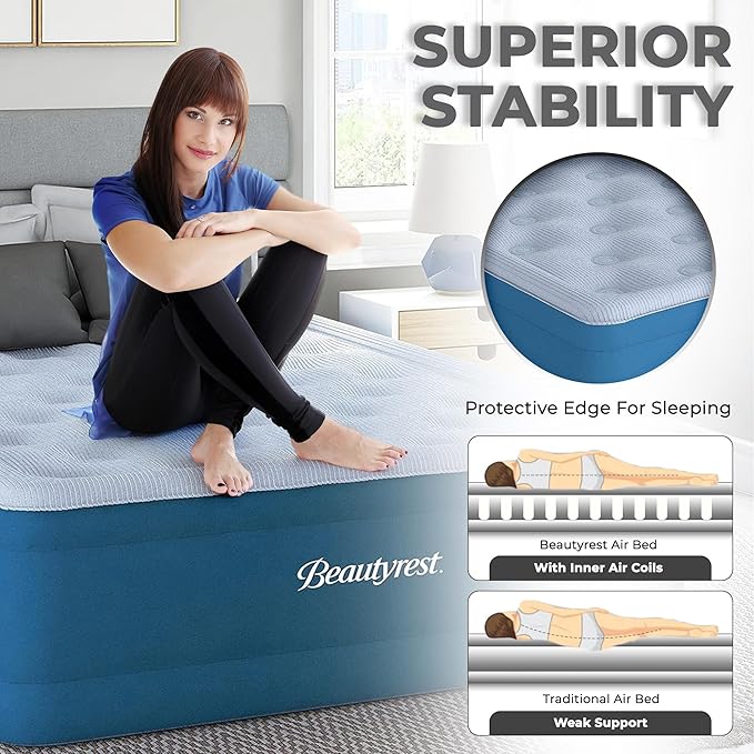 Beautyrest Comfort Plus, Twin Size Air Mattress with Built-in Pump, Raised Inflatable Bed, Cooling Vent Topper, Puncture-Resistant Vinyl, 700lb Support, Guest and Camping Airbed, 3-Year Warranty