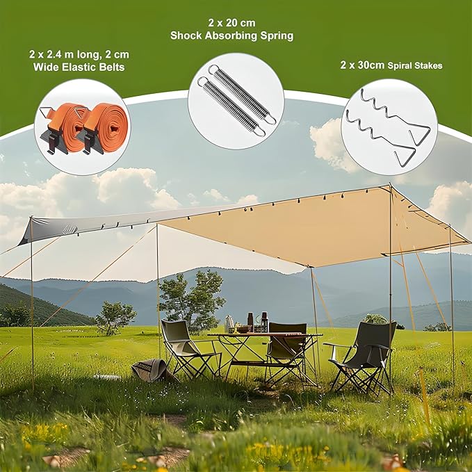 RV Awning Tie Down Kit, Campers Awning Anchors Accessories, Wind Protection RV Awning Anchor Kit, Includes Ratchet Strap, Buffer Tension Spring and Storage Bag for Most Campers Outdoor Camping