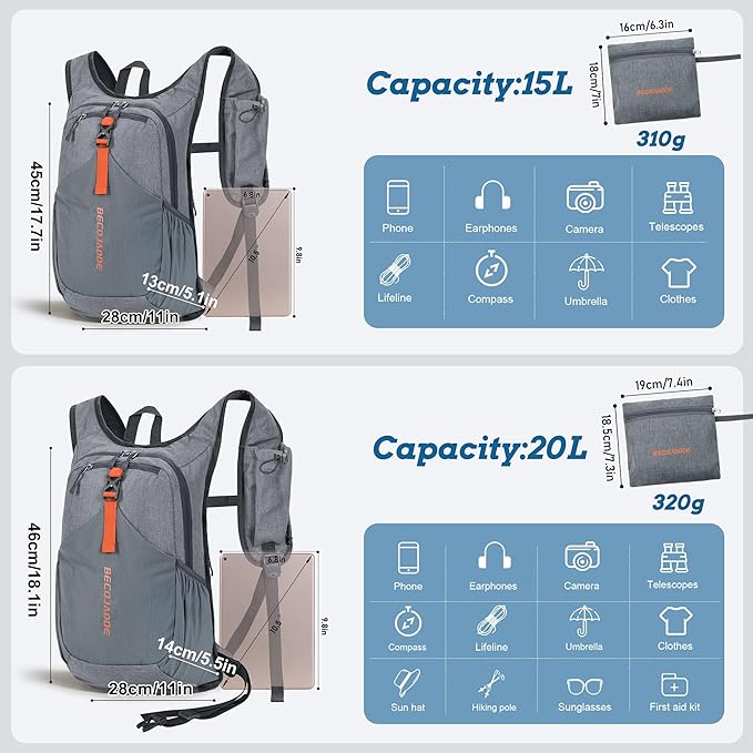 20L Small Hiking Backpack for Men Women Foldable Packable Back Pack Ultralight Hiking Daypack for Travel Camping Outdoor, Gray