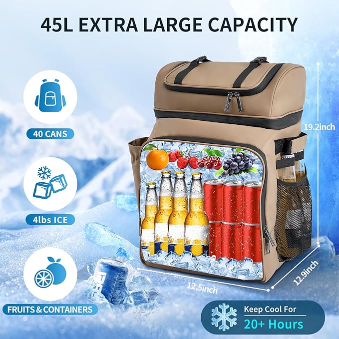 Oversize 45L Insulated Cooler Backpack Waterproof & Leak-Proof Over-Size Storage for Beach, Picnic, Camping, Lunch and Travel, Large Portable Cooler Bag for Outdoor Enthusiasts, Workers, Men & Women