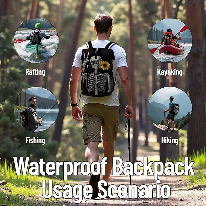 Waterproof Dry Bag Marine Dry Bags for Kayaking Hiking Skull Sunflower Black Backpack Roll-Top Closure Bag - Backpack Waterproof Phone Case 5L