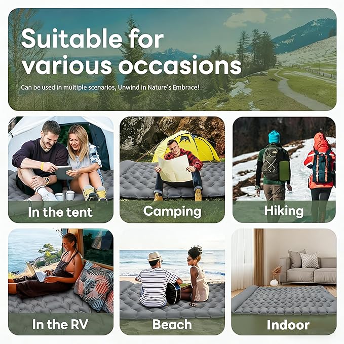 SNZ Camping Sleeping Pad, Ultralight Camping Mat with Pillow, Built-in Foot Pump Inflatable Sleeping Pads Compact for Backpacking, Tent, Travel, Outdoor Activities (Double)