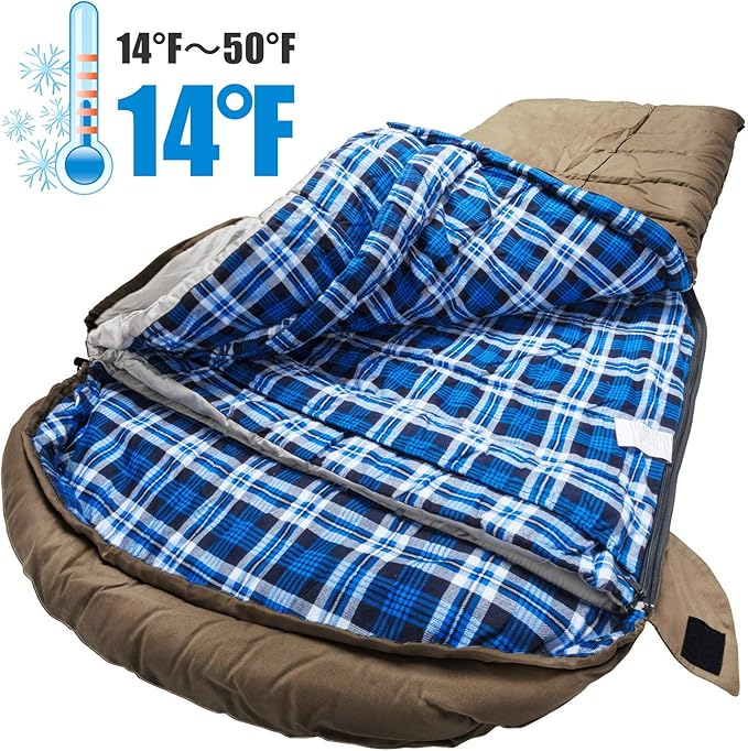 AGEMORE 0 Degree Canvas Sleeping Bag for Adults, Cotton Flannel Sleeping Bag for Winter Camping, Fishing, Hunting or Traveling, Durable Cotton Canvas Shell and Removable Flannel Liner